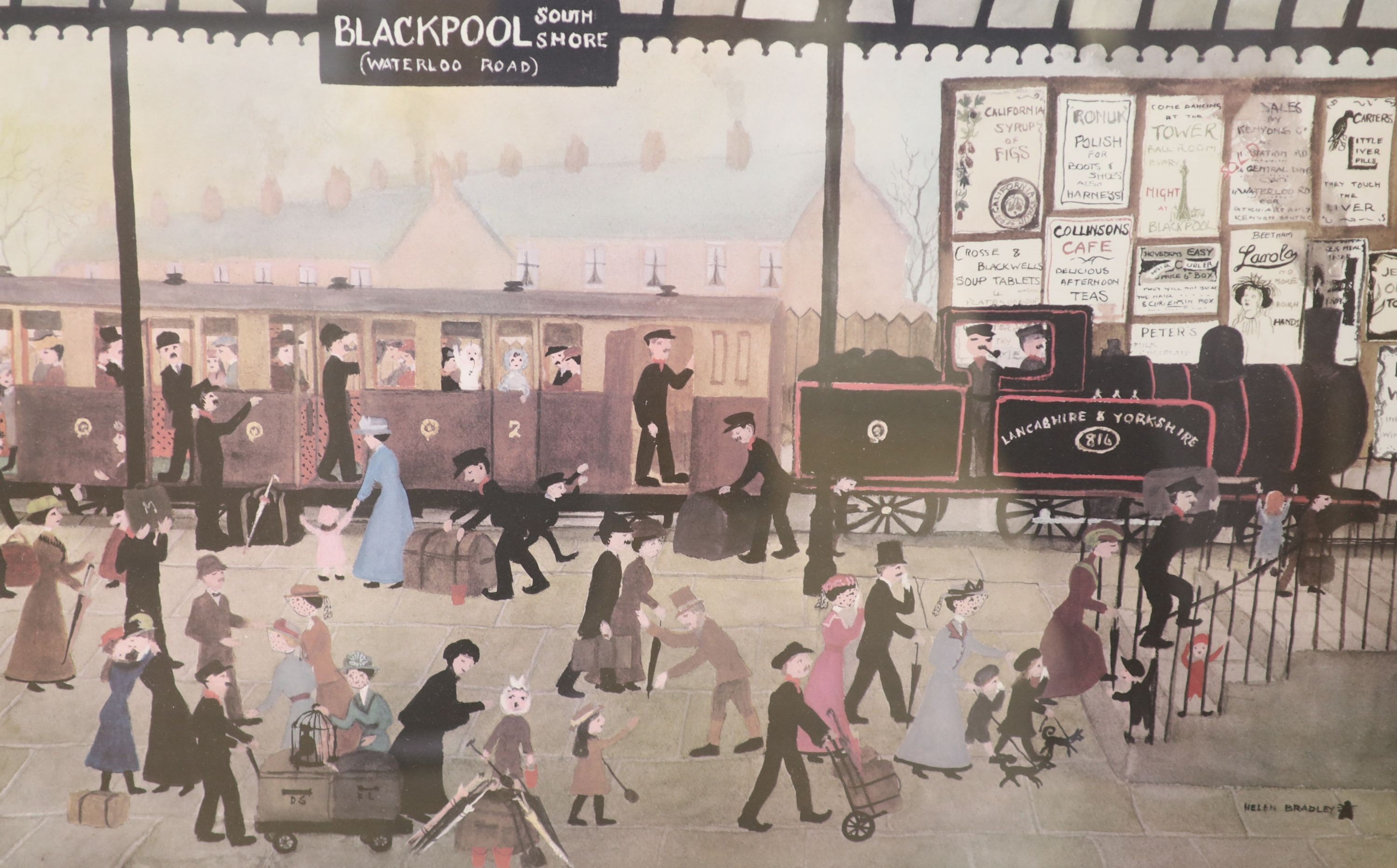 Helen Bradley, two signed prints, Blackpool Station and Blackpool Sands, both signed in pencil, overall 40 x 57cm and 48 x 62cm